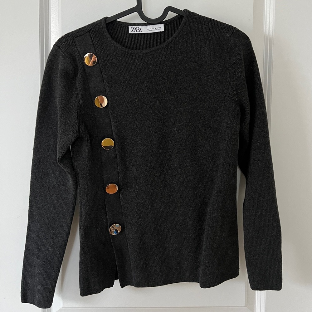 Zara Black Sweater with Gold Button Accents - M